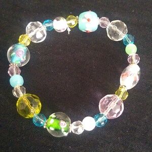 Vintage Wedding Cake Glass Stretch Bracelet Beaded  Venetian Murano Swarovski